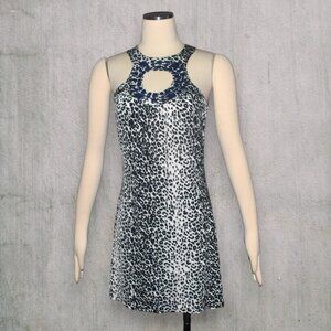 Vintage 2000s Y2k Cache Leopard Print Mini Dress Blue Jewels USA S